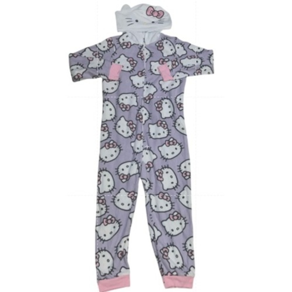 Sanrio Hello Kitty Girls Purple Fleece Hooded One Piece‎ Pajama Union Suit M 7/8